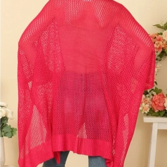 Vibrant Pink Open Knit Cardigan Layering Light Sweater NEW - Mesh Kimono Crochet - Picture 4 of 7